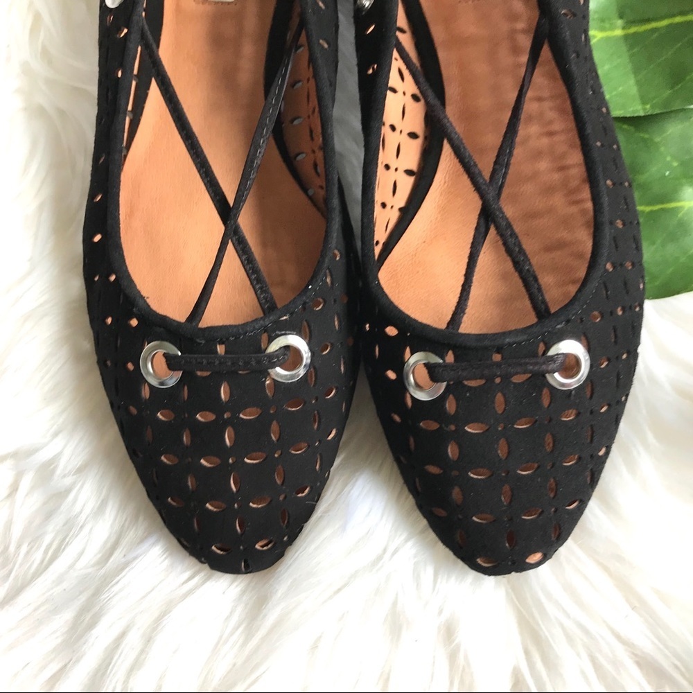 Black Suede Perforated Lace up Flats - Picture 5 of 10